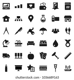 Flat vector icon set - scraper vector, sponge, water drop, welcome mat, ruler, drawing compass, pen, table lamp, flask, laptop graph, presentation board, hierarchy, diet, punching bag, medal, breads