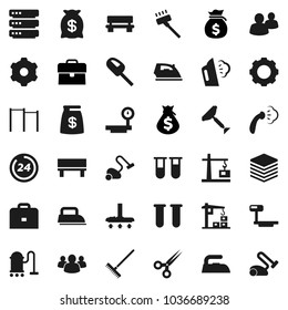 Flat vector icon set - scraper vector, vacuum cleaner, rake, iron, steaming, case, money bag, horizontal bar, big scales, group, vial, scissors, data, gear, bench, construction crane, 24 hour