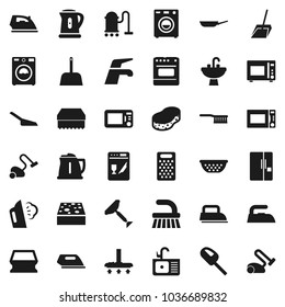 Flat vector icon set - scraper vector, water tap, vacuum cleaner, fetlock, scoop, sponge, iron, steaming, washer, sink, pan, kettle, colander, grater, microwave oven, fridge, dishwasher