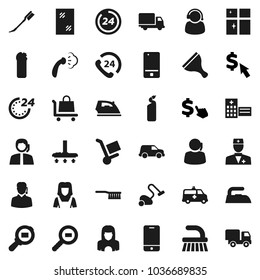 Flat vector icon set - scraper vector, vacuum cleaner, fetlock, car, window cleaning, iron, steaming, agent, shining, woman, dollar cursor, phone 24, support, delivery, cargo search, mobile, doctor