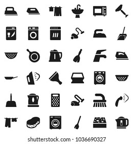 Flat vector icon set - scraper vector, broom, water tap, vacuum cleaner, fetlock, scoop, sponge, iron, steaming, drying clothes, washer, sink, pan, kettle, colander, grater, microwave oven