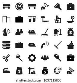 Flat vector icon set - scraper vector, vacuum cleaner, rake, iron, steaming, student, case, money bag, horizontal bar, big scales, group, vial, scissors, data, gear, bench, construction crane
