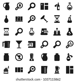 Flat vector icon set - scraper vector, window cleaning, shining, oil, measuring cup, hand mill, spices, jug, jar, magnifier, flask, no alcohol sign, glass, cargo search, sand clock, potion, client