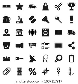 Flat vector icon set - scraper vector, vacuum cleaner, trash bin, shining window, kettle, scales, pasta, award cup, exam, man, jump rope, molecule, map pin, office, delivery, car, satellite antenna