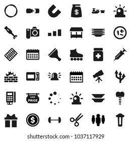 Flat vector icon set - scraper vector, plates, blender, telescope, magnet, dollar coin, man, calendar, barbell, roller Skates, hoop, port, sorting, syringe, scissors, pills bottle, blister, microbs