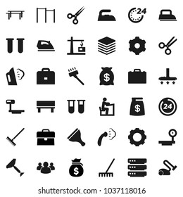 Flat vector icon set - scraper vector, vacuum cleaner, rake, iron, steaming, student, case, money bag, horizontal bar, big scales, group, vial, scissors, data, gear, bench, construction crane