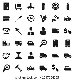 Flat vector icon set - scraper vector, vacuum cleaner, car fetlock, window cleaning, iron, agent, dollar cursor, phone 24, support, delivery, cargo search, mobile, hospital building, amkbulance