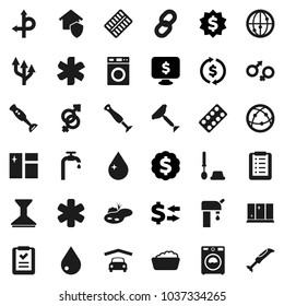 Flat vector icon set - scraper vector, water drop, car fetlock, window cleaning, toilet brush, washer, foam basin, shining, blender, exchange, dollar medal, monitor, route, internet, ambulance star
