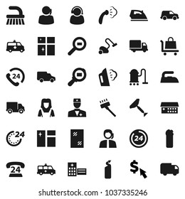 Flat vector icon set - scraper vector, vacuum cleaner, fetlock, window cleaning, iron, steaming, agent, shining, woman, dollar cursor, phone 24, support, delivery, car, cargo search, doctor, hour