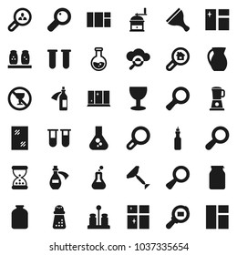 Flat vector icon set - scraper vector, window cleaning, shining, hand mill, spices, jug, jar, oil, magnifier, flask, no alcohol sign, glass, cargo search, vial, sand clock, potion, cloud, estate
