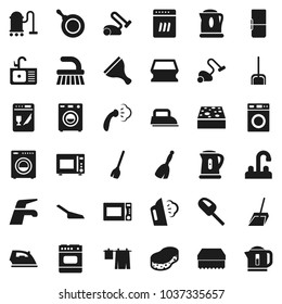 Flat vector icon set - scraper vector, broom, water tap, vacuum cleaner, fetlock, scoop, sponge, iron, steaming, drying clothes, washer, sink, pan, kettle, microwave oven, fridge, dishwasher