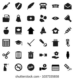 Flat vector icon set - scraper vector, rake, towel, trash bin, sprayer, house hold, garbage pile, ladle, cookbook, pasta, graduate hat, pen, apple fruit, bell, clipboard, school bus, investment, man