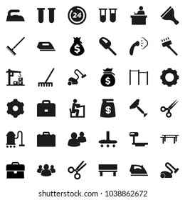 Flat vector icon set - scraper vector, vacuum cleaner, rake, iron, steaming, student, case, money bag, horizontal bar, big scales, group, vial, scissors, gear, bench, construction crane, 24 hour