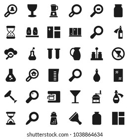 Flat vector icon set - scraper vector, window cleaning, shining, oil, measuring cup, hand mill, spices, jug, jar, magnifier, flask, no alcohol sign, glass, cargo search, vial, sand clock, potion