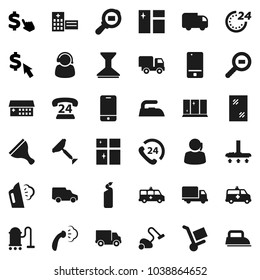 Flat vector icon set - scraper vector, vacuum cleaner, car fetlock, window cleaning, iron, steaming, agent, shining, dollar cursor, phone 24, support, delivery, cargo search, mobile, amkbulance