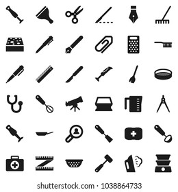 Flat vector icon set - scraper vector, broom, fetlock, rake, sponge, steaming, pan, colander, measuring cup, whisk, spatula, ladle, meat hammer, grater, blender, sieve, pen, ruler, drawing compass