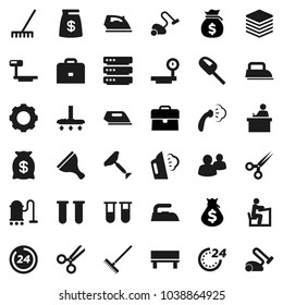 Flat vector icon set - scraper vector, vacuum cleaner, rake, iron, steaming, student, case, money bag, big scales, group, vial, scissors, data, gear, bench, 24 hour