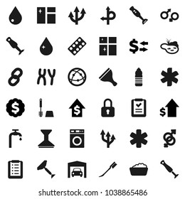 Flat vector icon set - scraper vector, water drop, car fetlock, window cleaning, toilet brush, washer, foam basin, shining, blender, exchange, dollar growth, medal, bottle, route, internet, chain