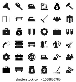 Flat vector icon set - scraper vector, vacuum cleaner, rake, iron, steaming, case, money bag, horizontal bar, group, vial, scissors, big data, gear, bench, construction crane, 24 hour