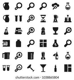 Flat vector icon set - scraper vector, shining window, measuring cup, hand mill, spices, jug, jar, oil, magnifier, flask, glass, cargo search, vial, sand clock, potion, cloud, estate, client