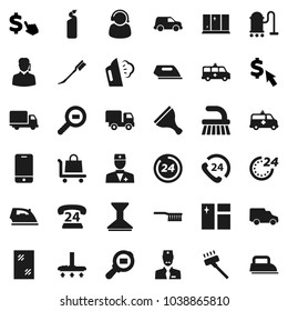 Flat vector icon set - scraper vector, vacuum cleaner, fetlock, car, window cleaning, iron, steaming, agent, shining, dollar cursor, phone 24, delivery, cargo search, mobile, doctor, amkbulance