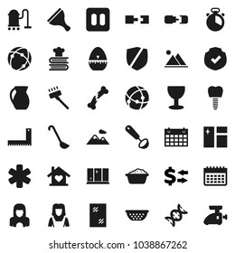 Flat vector icon set - scraper vector, vacuum cleaner, window cleaning, foam basin, shining, woman, colander, cook timer, ladle, cookbook, jug, corner ruler, exchange, calendar, glass, protected