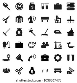 Flat vector icon set - scraper vector, vacuum cleaner, rake, steaming, student, case, money bag, horizontal bar, big scales, group, vial, scissors, data, gear, bench, construction crane, 24 hour