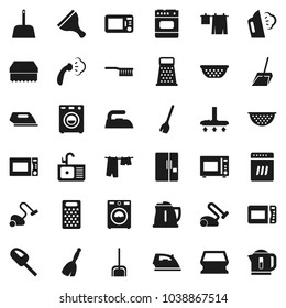 Flat vector icon set - scraper vector, broom, vacuum cleaner, fetlock, scoop, sponge, iron, steaming, drying clothes, washer, sink, kettle, colander, grater, microwave oven, fridge, dishwasher