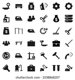 Flat vector icon set - scraper vector, vacuum cleaner, rake, iron, steaming, student, case, money bag, horizontal bar, big scales, group, vial, scissors, data, gear, bench, construction crane