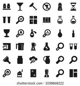 Flat vector icon set - scraper vector, window cleaning, shining, oil, measuring cup, hand mill, spices, jug, jar, magnifier, flask, no alcohol sign, glass, cargo search, vial, sand clock, potion