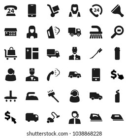 Flat vector icon set - scraper vector, vacuum cleaner, fetlock, car, window cleaning, iron, steaming, agent, woman, dollar cursor, phone 24, support, delivery, cargo search, mobile, doctor, trolley