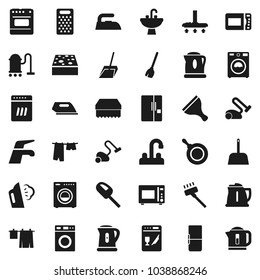 Flat vector icon set - scraper vector, broom, water tap, vacuum cleaner, scoop, sponge, iron, steaming, drying clothes, washer, sink, pan, kettle, grater, microwave oven, fridge, dishwasher