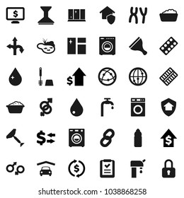 Flat vector icon set - scraper vector, water drop, car fetlock, window cleaning, toilet brush, washer, foam basin, shining, exchange, dollar growth, monitor, bottle, route, internet, gender sign