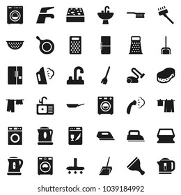 Flat vector icon set - scraper vector, broom, water tap, vacuum cleaner, fetlock, scoop, sponge, steaming, drying clothes, washer, sink, pan, kettle, colander, grater, fridge, iron, dishwasher