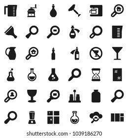 Flat vector icon set - scraper vector, window cleaning, shining, oil, measuring cup, hand mill, spices, jug, jar, magnifier, flask, no alcohol sign, glass, cargo search, sand clock, potion, cloud