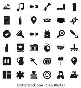 Flat vector icon set - scraper vector, vacuum cleaner, window cleaning, agent, plates, woman, colander, cook timer, ladle, cookbook, jug, corner ruler, backpack, music, punching bag, calendar, dna