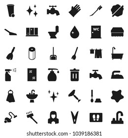 Flat vector icon set - scraper vector, broom, vacuum cleaner, scoop, clothespin, sponge, towel, trash bin, water drop, tap, car fetlock, shining, window cleaning, splotch, welcome mat, iron, bath