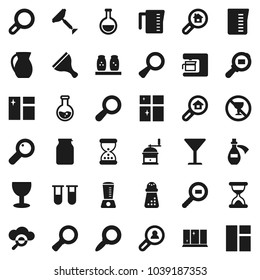 Flat vector icon set - scraper vector, window cleaning, shining, measuring cup, hand mill, spices, jug, jar, magnifier, flask, no alcohol sign, glass, cargo search, vial, sand clock, potion, cloud