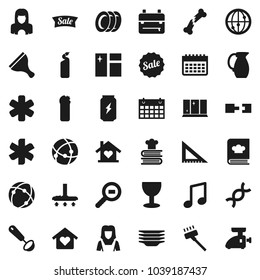 Flat vector icon set - scraper vector, vacuum cleaner, window cleaning, agent, plates, shining, woman, ladle, cookbook, jug, corner ruler, backpack, music, enegry drink, calendar, glass, internet