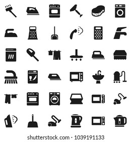 Flat vector icon set - scraper vector, water tap, vacuum cleaner, fetlock, scoop, sponge, iron, steaming, drying clothes, washer, sink, kettle, grater, microwave oven, dishwasher