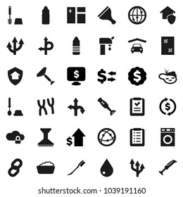 Flat vector icon set - scraper vector, water drop, car fetlock, window cleaning, toilet brush, washer, foam basin, blender, exchange, dollar growth, medal, monitor, bottle, route, internet, chain