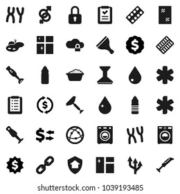Flat vector icon set - scraper vector, water drop, car fetlock, window cleaning, washer, foam basin, shining, blender, exchange, dollar medal, bottle, internet, ambulance star, gender sign, chain