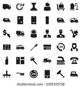 Flat vector icon set - scraper vector, vacuum cleaner, fetlock, car, window cleaning, iron, agent, shining, woman, dollar cursor, phone 24, support, mobile, doctor, hospital building, amkbulance