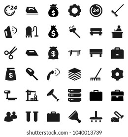 Flat vector icon set - scraper vector, vacuum cleaner, rake, iron, steaming, student, case, money bag, horizontal bar, big scales, group, vial, scissors, data, gear, bench, construction crane