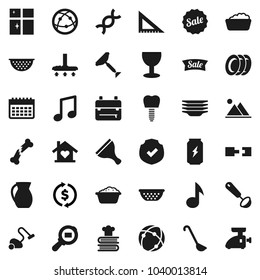 Flat vector icon set - scraper vector, vacuum cleaner, foam basin, plates, shining window, colander, ladle, cookbook, jug, corner ruler, backpack, music, exchange, enegry drink, calendar, glass, dna