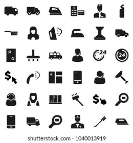 Flat vector icon set - scraper vector, vacuum cleaner, fetlock, car, window cleaning, iron, steaming, agent, shining, woman, dollar cursor, support, delivery, cargo search, mobile phone, doctor