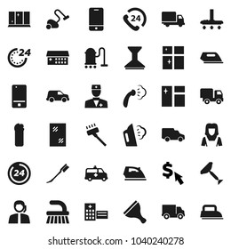 Flat vector icon set - scraper vector, vacuum cleaner, fetlock, car, window cleaning, iron, steaming, agent, shining, woman, dollar cursor, phone 24, support, delivery, mobile, doctor, amkbulance