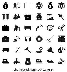 Flat vector icon set - scraper vector, vacuum cleaner, rake, iron, steaming, student, case, money bag, horizontal bar, big scales, group, vial, scissors, data, gear, bench, construction crane