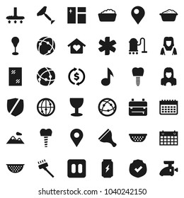 Flat vector icon set - scraper vector, vacuum cleaner, window cleaning, foam basin, woman, colander, backpack, music, exchange, punching bag, enegry drink, calendar, glass, protected, internet, pin