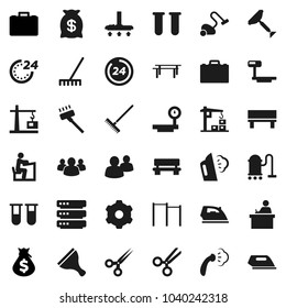 Flat vector icon set - scraper vector, vacuum cleaner, rake, iron, steaming, student, case, money bag, horizontal bar, big scales, group, vial, scissors, data, gear, bench, construction crane